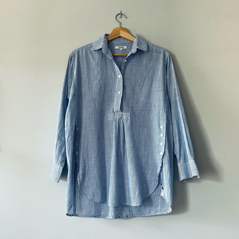 Madewell Side Button Striped Popover Shirt • XS • Blue and White Stripes - Picture 2 of 13